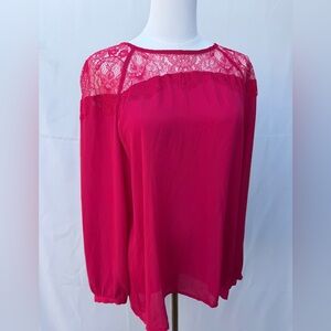 Apt. 9 Lace Yoke Blouse | Cherry Red | Medium | Sheer Long Sleeve Top